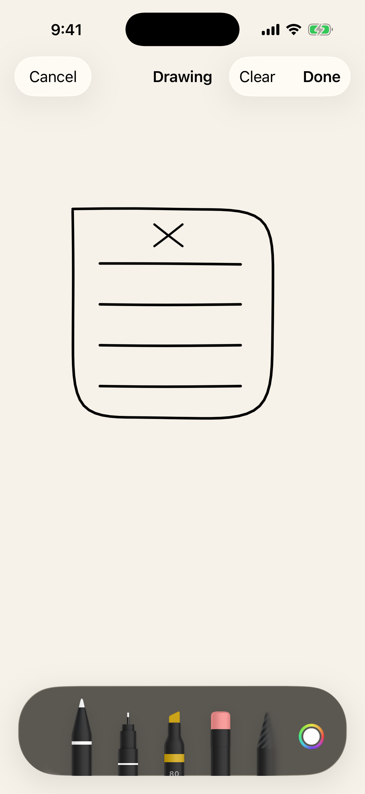 PencilKit canvas holding a sketch, with the system tool picker along the
bottom and Cancel, Clear, and Done in the navigation bar