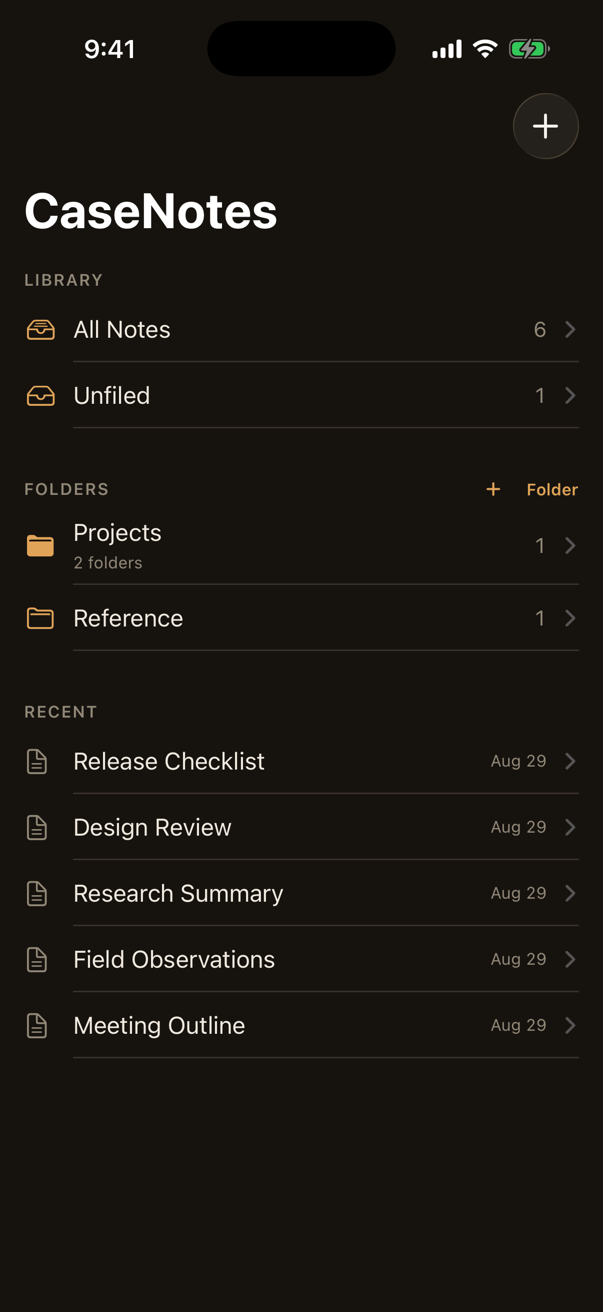 Library showing the All Notes and Unfiled scopes, two top level folders with
their note counts and one of them naming its subfolders, and a Recent
section