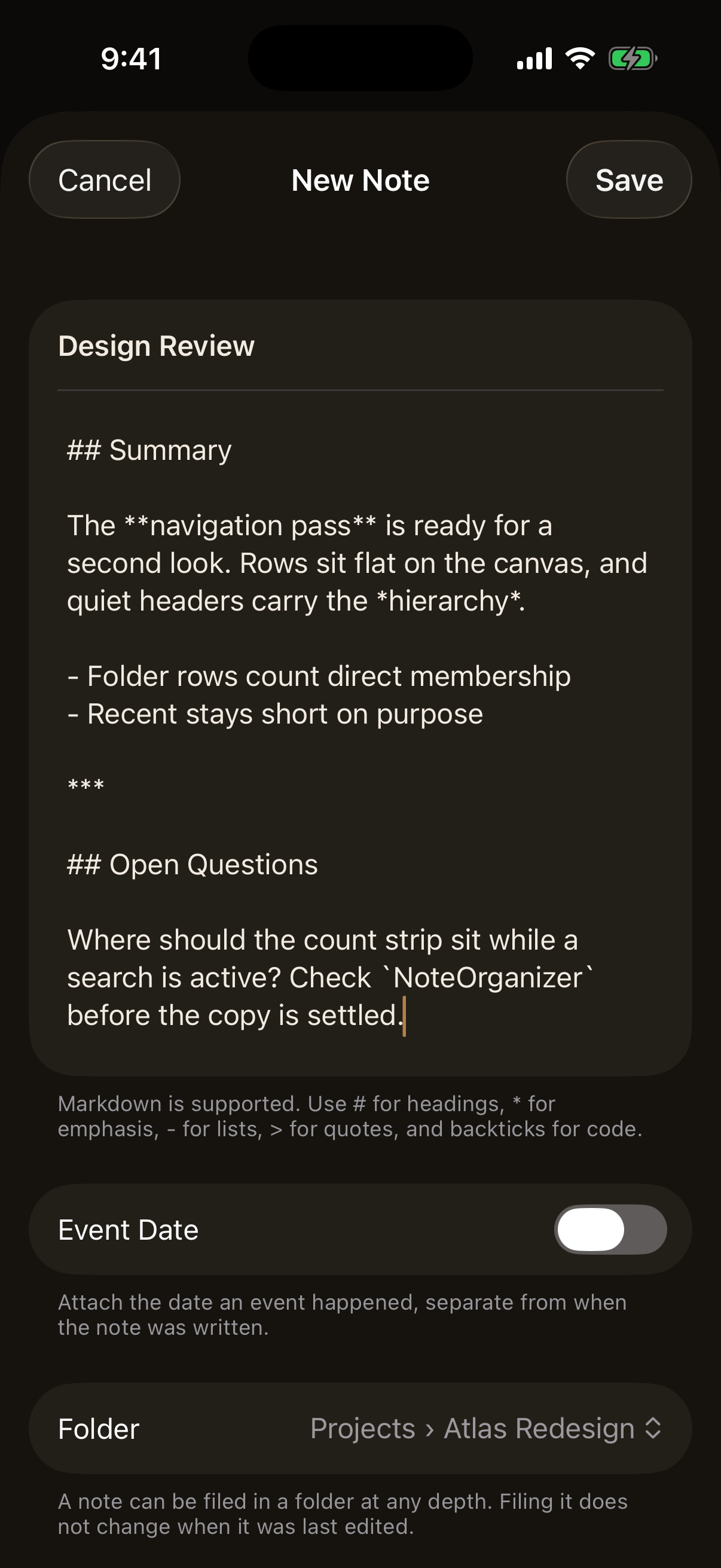 Note editor showing the title field, the body holding raw Markdown source,
the Markdown hint, the event date row, and the folder picker naming a nested
folder, with Cancel and Save in the navigation
bar