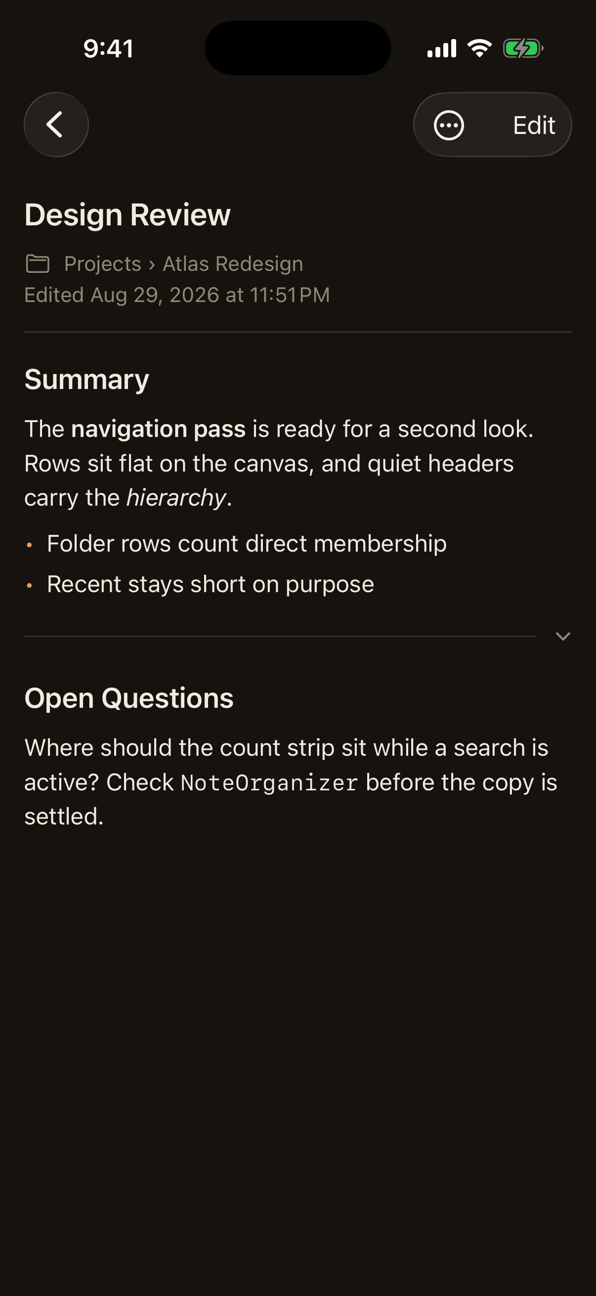 Reading view rendering a heading, bold and italic text, a bulleted list, a
thematic break carrying a collapse control, and inline
code