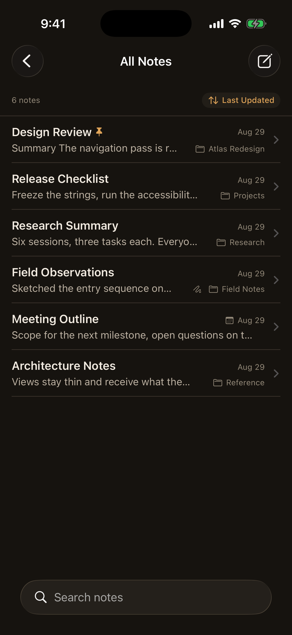 All Notes showing a pinned note above a more recently edited one, a note
marked as carrying a drawing, folder names, and an event date